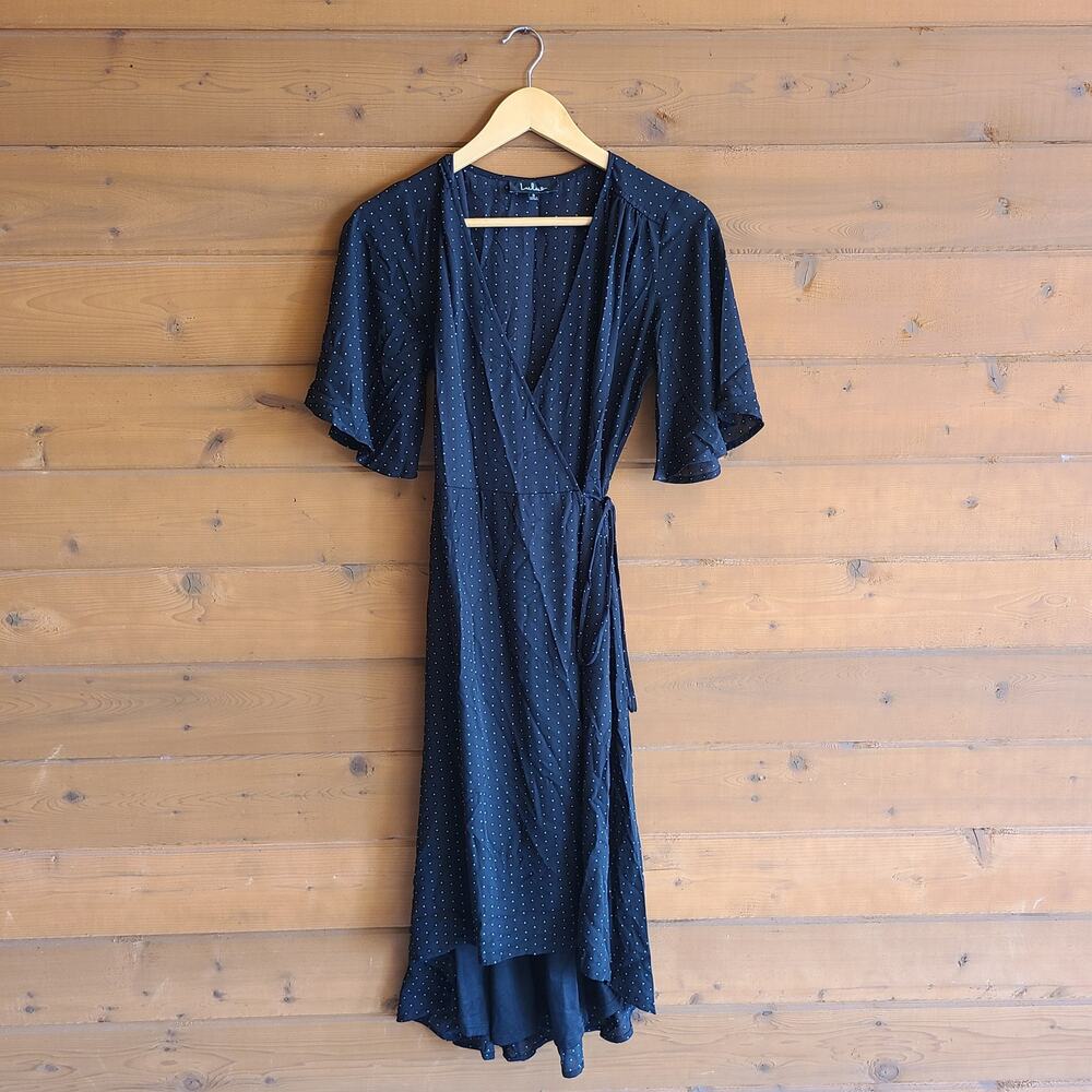 Lulu's Dress Farah Midi Wrap Flare Sleeve Dotted Small Vneck Tie Waist High Low - Picture 2 of 7